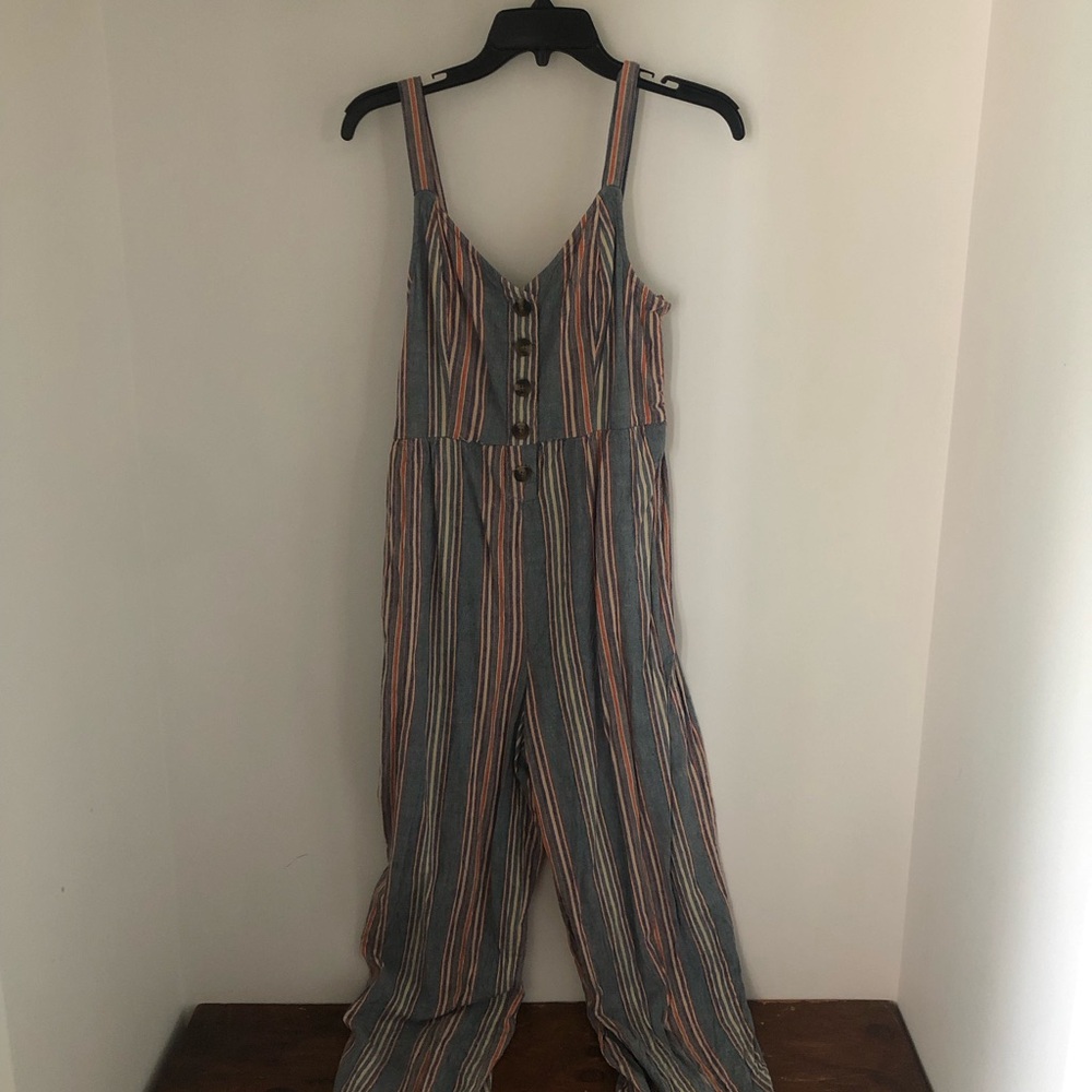 Striped Blue and Pink V-Neck Jumpsuit
